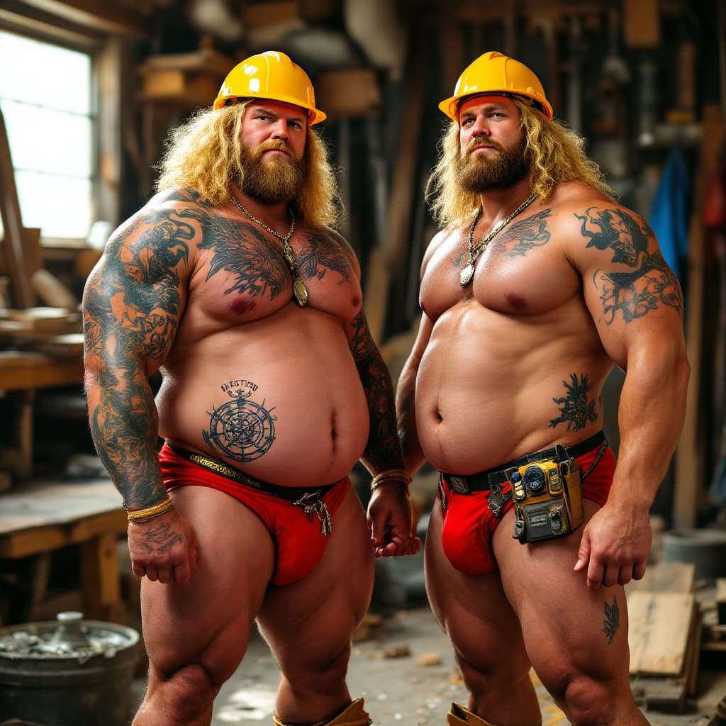 AI generated: Full body view, Two muscular men, curly blonde mullets, Lots of tattoos, yellow hard hats,
Standing ...