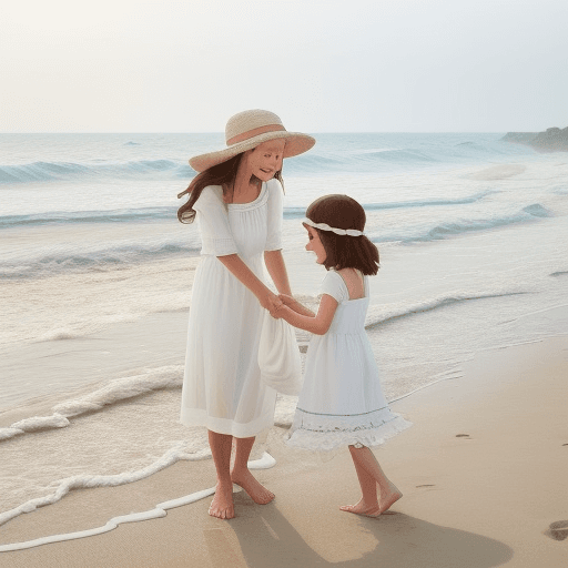 AI generated: photo of a mother and daughter on seaside they play with sand and sea, cozy atmosphare, they wear wh...