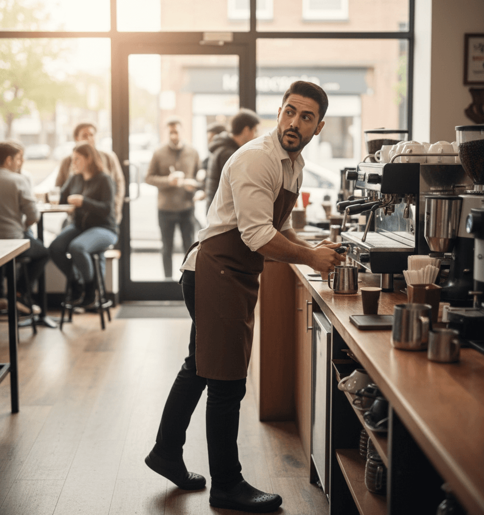 AI generated: Male Hispanic barista 5'2" tall, at a coffee shop behind the counter. The coffee shop is full of peo...