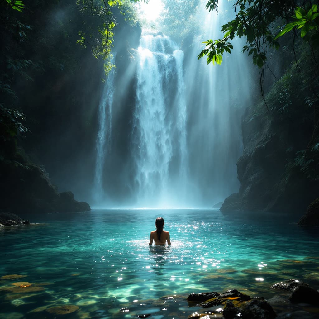 AI generated: visual stunning photo of a woman swimming in a lake by a waterfall in the jungle, mist, volumetric l...