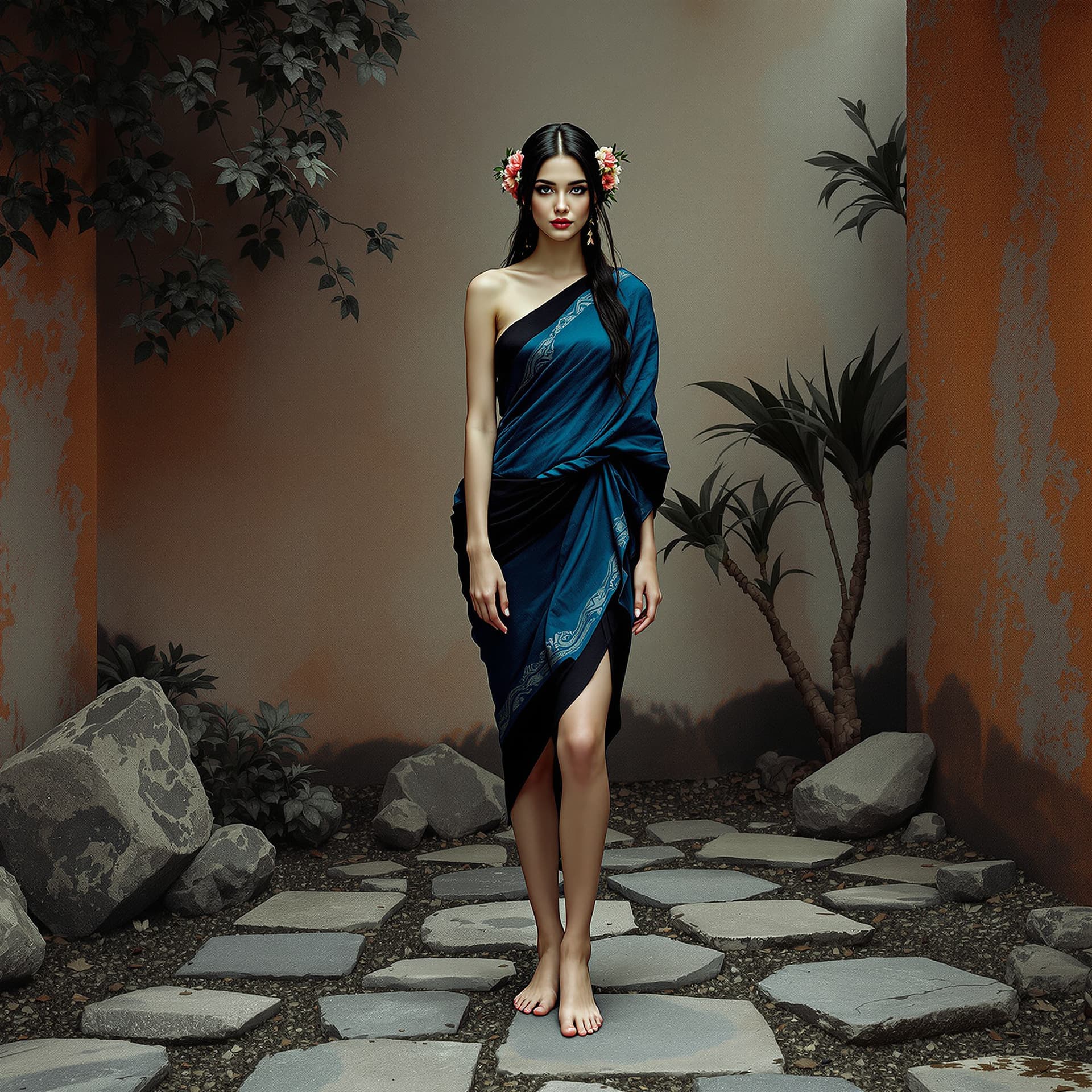 AI generated: A full-length, three-quarter view. A woman of incredible beauty (delicate blue eyes, pale, luminous ...