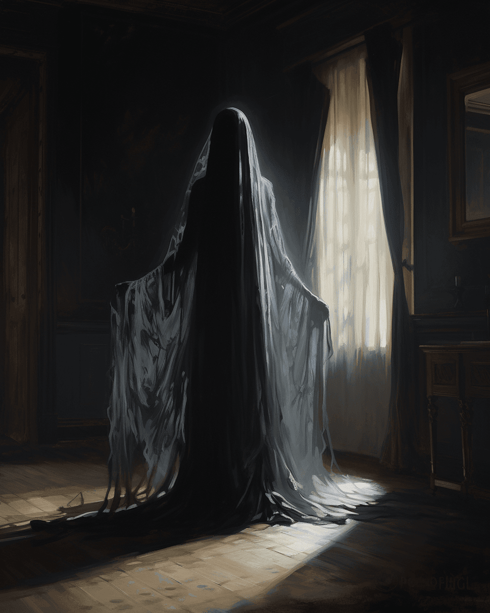 AI generated: A painting of a tall and slender ghostly figure standing in an old Victorian bedroom, dressed all in...