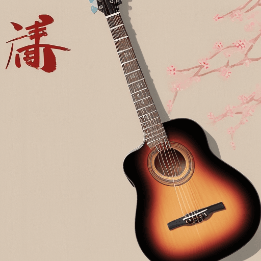 AI generated: Acoustic guitar with kanji characters: "Generate an image of a beautiful acoustic guitar with Japane...