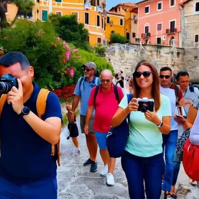 AI generated video: Wisatawan foto-foto dan jalan-jalan

