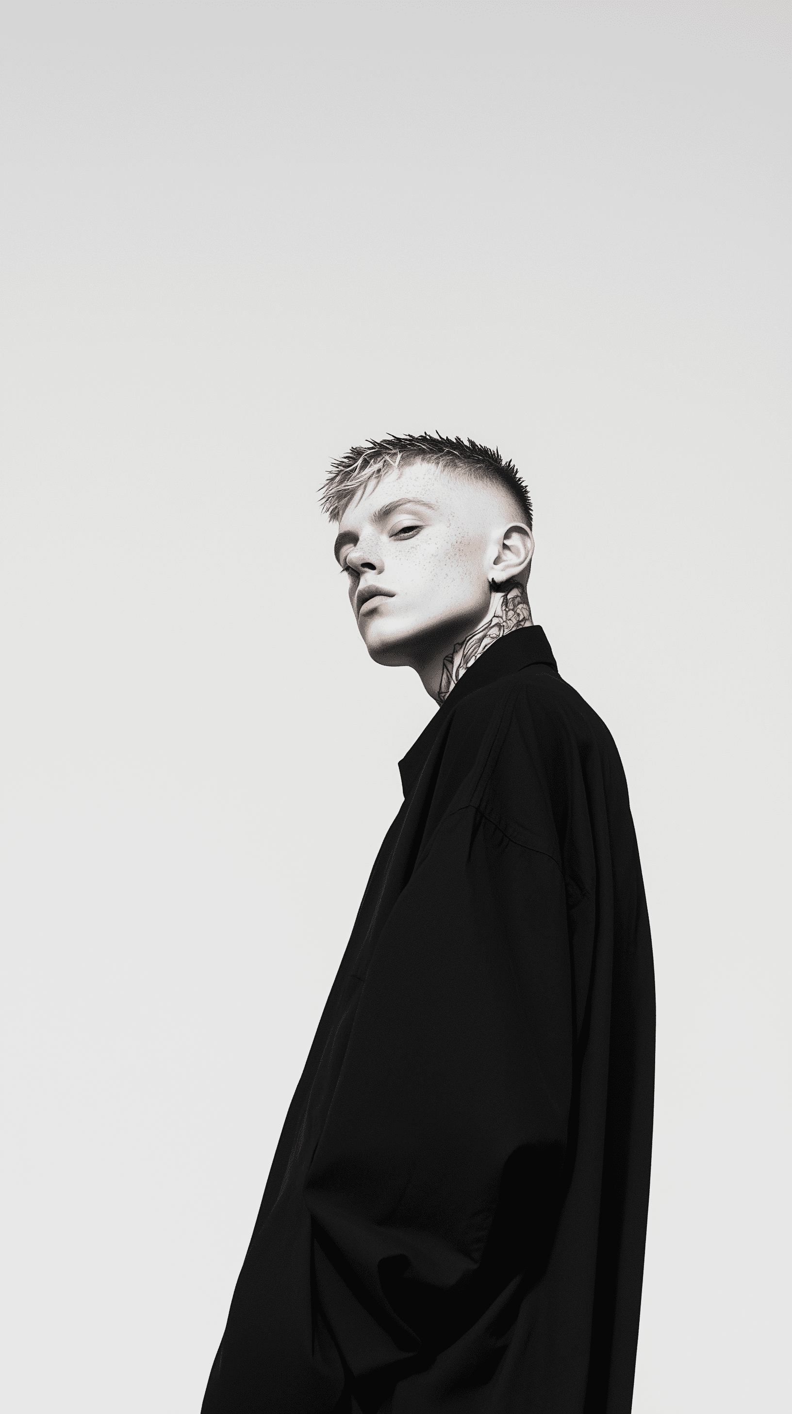 AI generated: high-resolution editorial photography, long range tilt shot, professional fashion male model, upper ...
