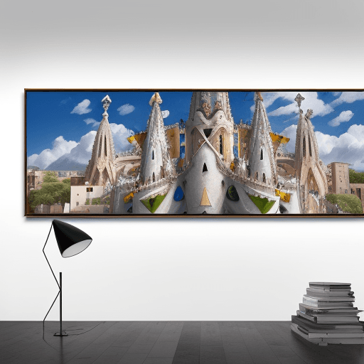 AI generated: Hyper realistic joan miro abstract panoramic size, white background with forms of sagrada familia ba...