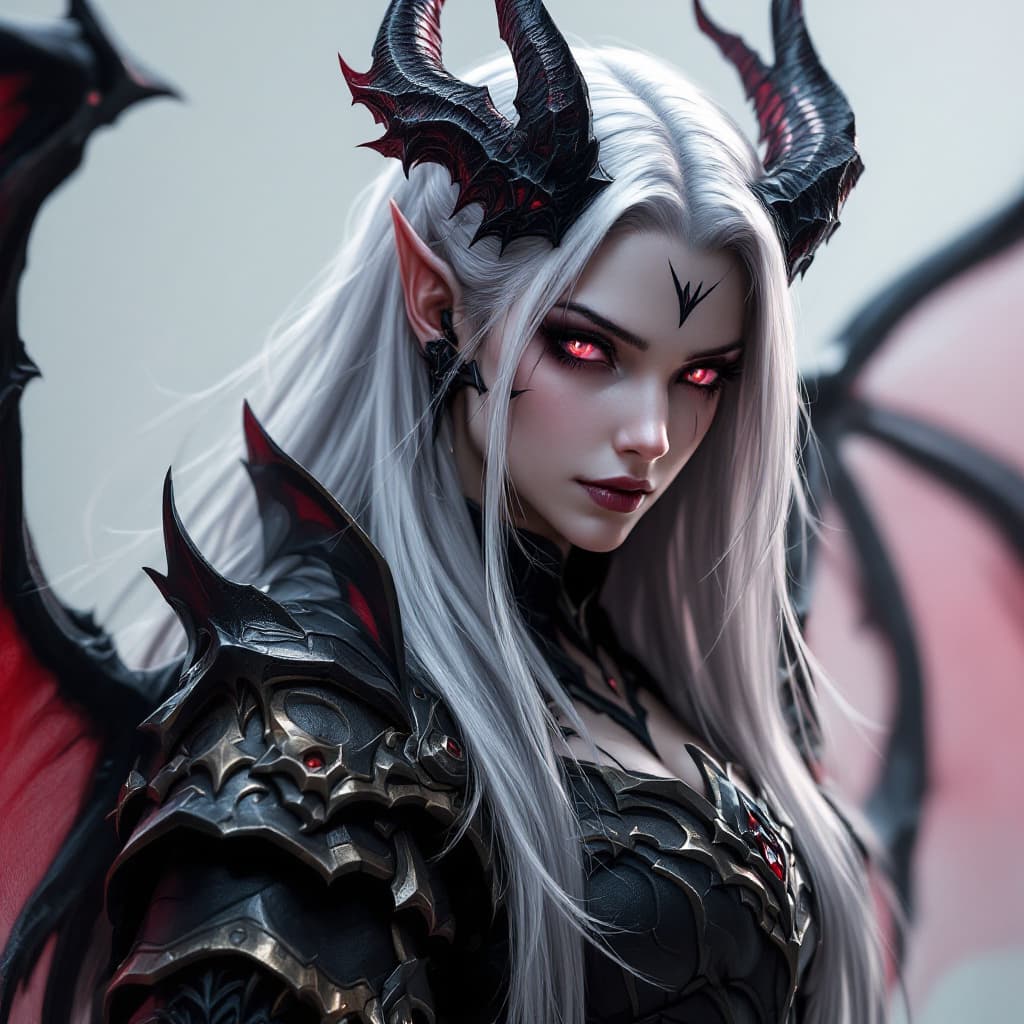 AI generated: Highly detailed and realistic depiction of a demon-like character, featuring long flowing silver hai...