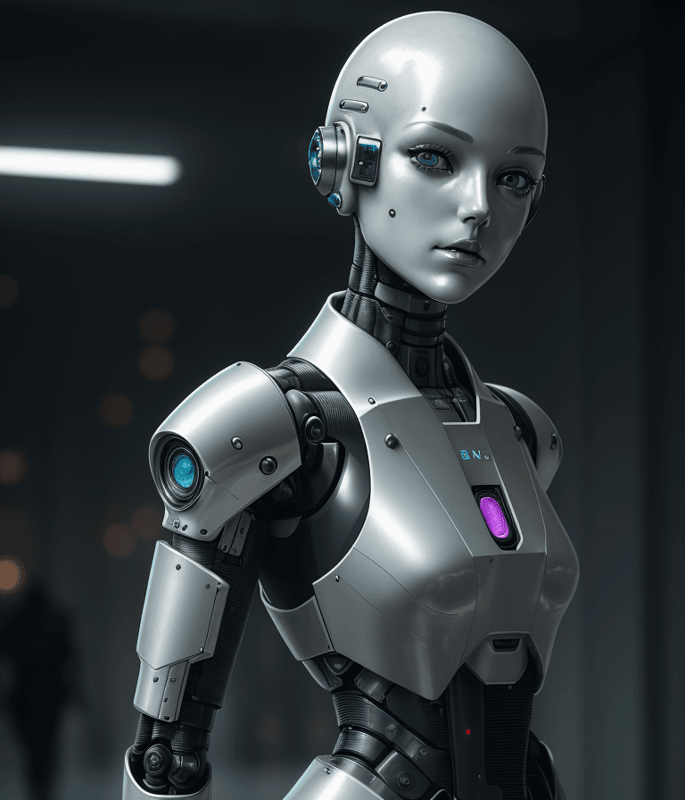 AI generated: fking_scifi_v2, portrait of a guard robotic girl android, silver shinny skin, robotic, mechanical, r...