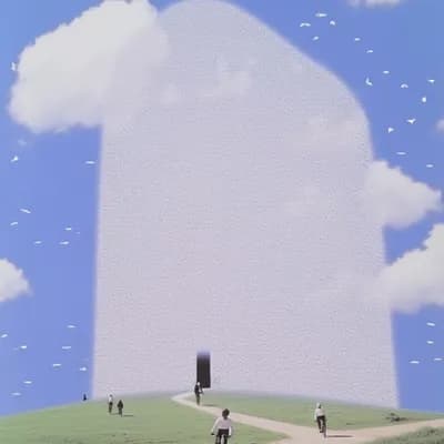 AI generated video: A large number of white clouds float in the sky, forming an irregular shape with some birds flying a...
