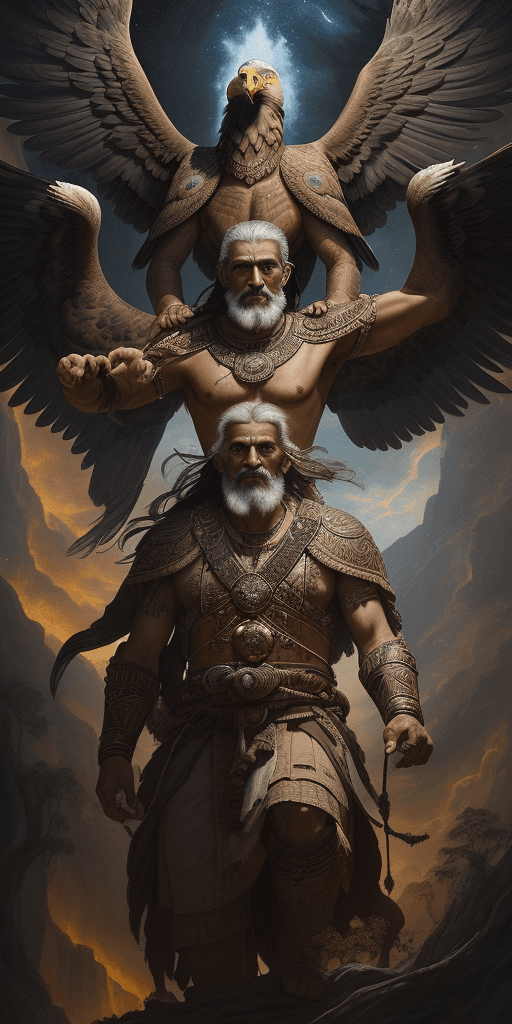 AI generated: portrait of the proto indo European sky father, large eagle flying above his head, intricate action ...