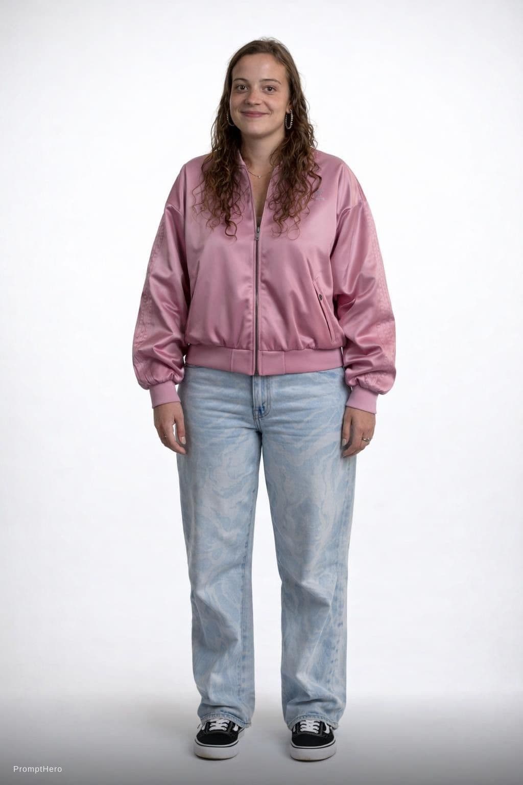 AI generated: Photo realistic, full frontal shot of full body, the person is standing straight with hands on the s...