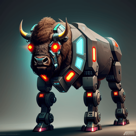 AI generated: cyborg bison in the wild futuristic robot implants
