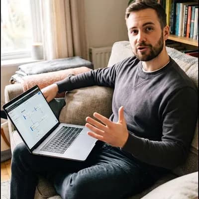AI generated video: Realistic smartphone-style photo of a North American man in his early 30s sitting casually on a sofa...