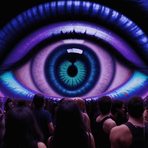 AI generated: Hyper realistic eye level exterior photo of a person dacing on a psytrance party, night, psychedlic,...