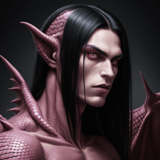 AI generated: Full portrait of an alien male draconian shapeshifter, pink dragon scaly reptile skin, beautiful att...