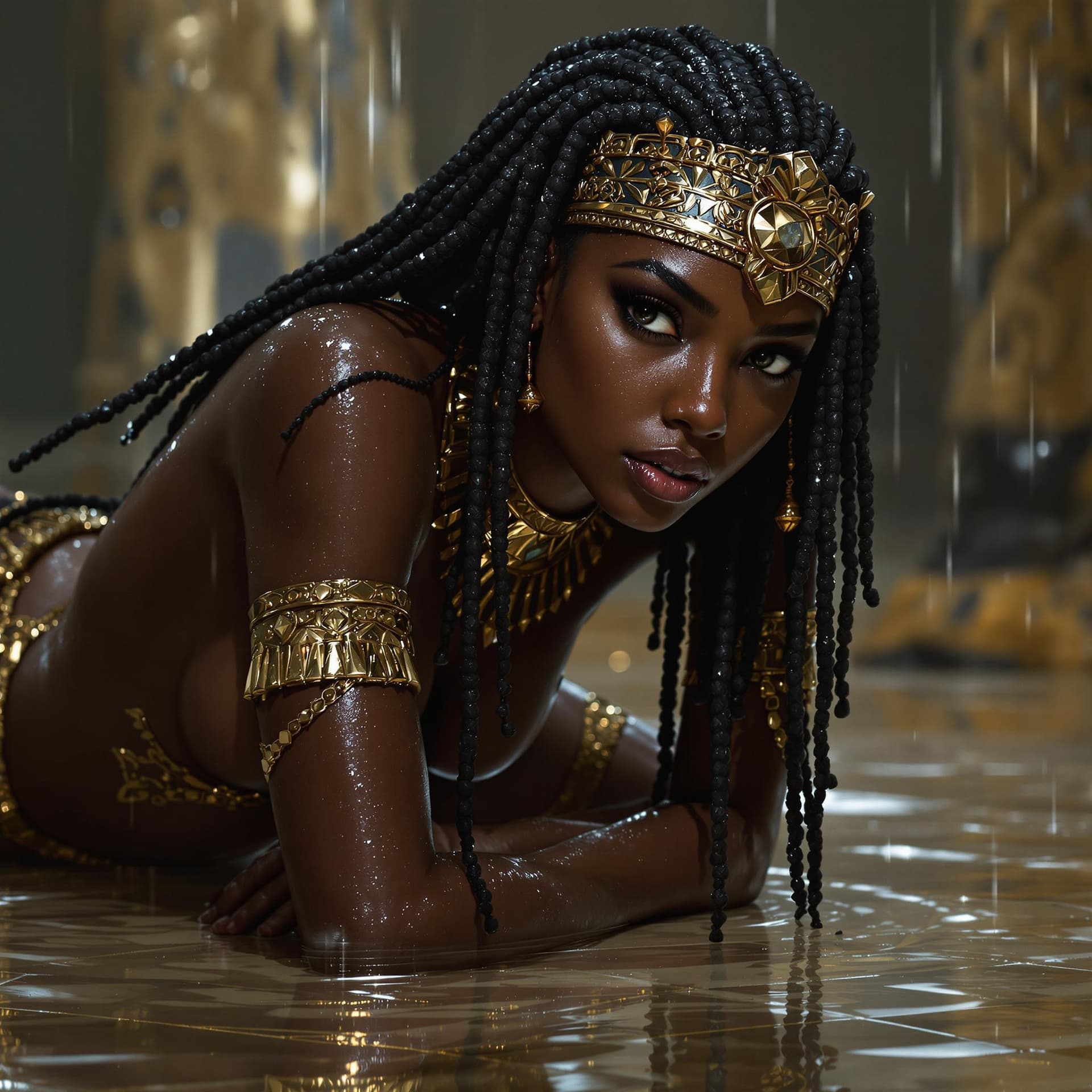 AI generated: Leaning forward,nigerian girl, realism, wet, shiny, egypt princess, fantasy, intricate, elegant, ext...