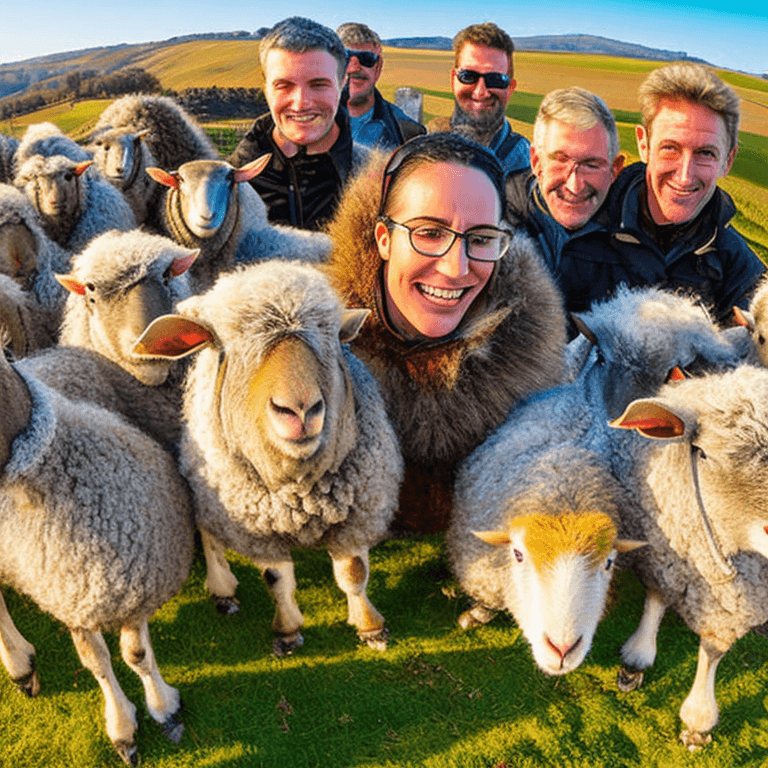 AI generated: A flock of long-wooled gray Jaglu sheep from the Lüneburg Heath takes a selfie with a pasture in a m...