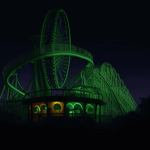 AI generated: Photo of a ultra realistic Scooby Doo Mystery Machine trackless rollercoaster ride, dark lighting