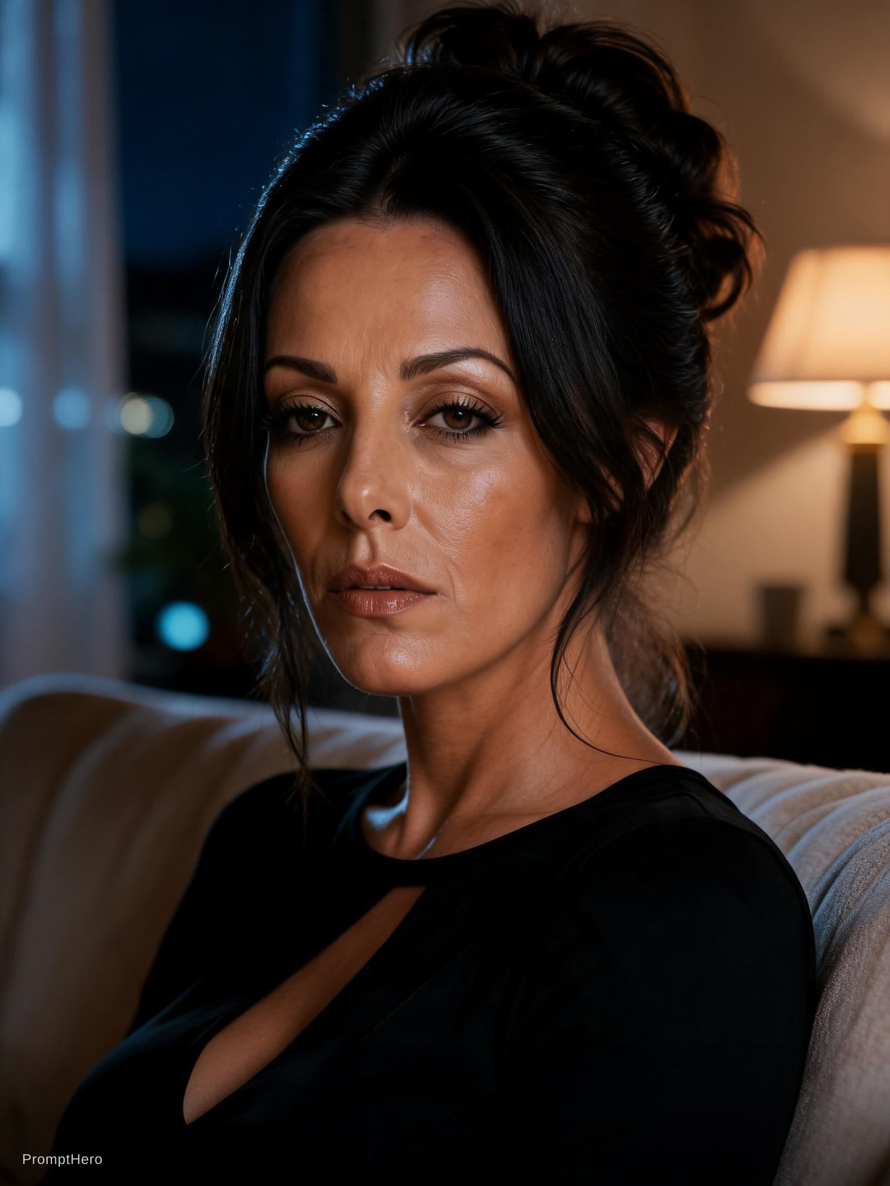 AI generated: Ultra-realistic cinematic photography of a stunning woman with glossy brunette hair elegantly pulled...