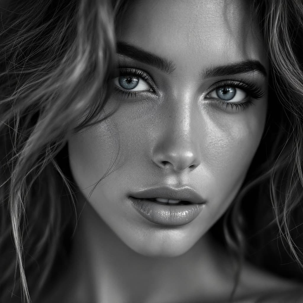 AI generated: hyper-realistic photograph, woman, stunning, black and white, shot on a Sony A7III --chaos 70 --ar 1...