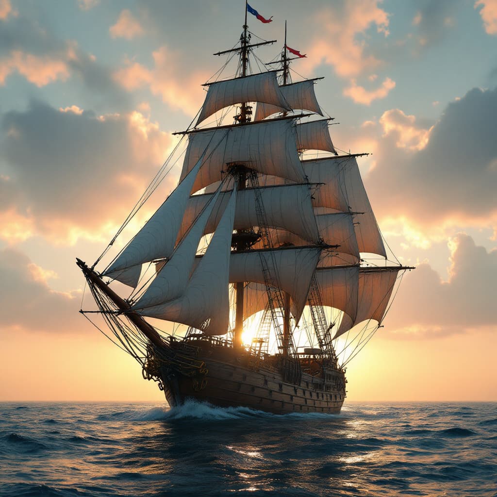 AI generated: Photo of a ultra realistic sailing ship, dramatic light, pale sunrise, cinematic lighting, battered,...