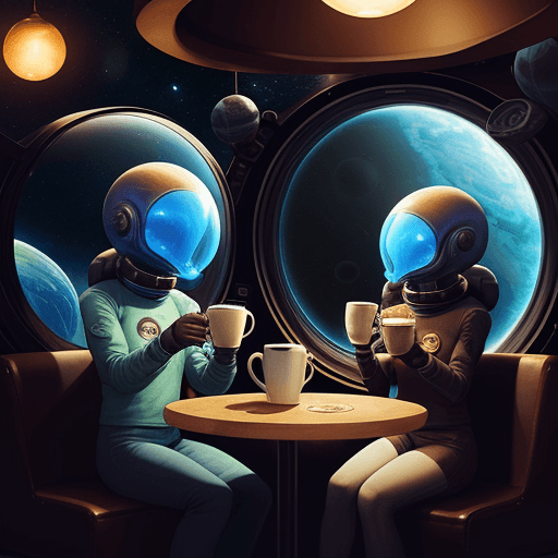 AI generated: Coffee Shop in Space, aliens drinking coffee