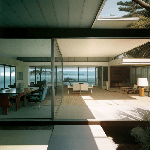 AI generated: Hyper realistic eye level exterior photo of a mid century modern style house overlooking the ocean, ...
