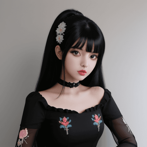 AI generated: A gorgeous looking girl with a black hair and black dress, embroidered , anime style