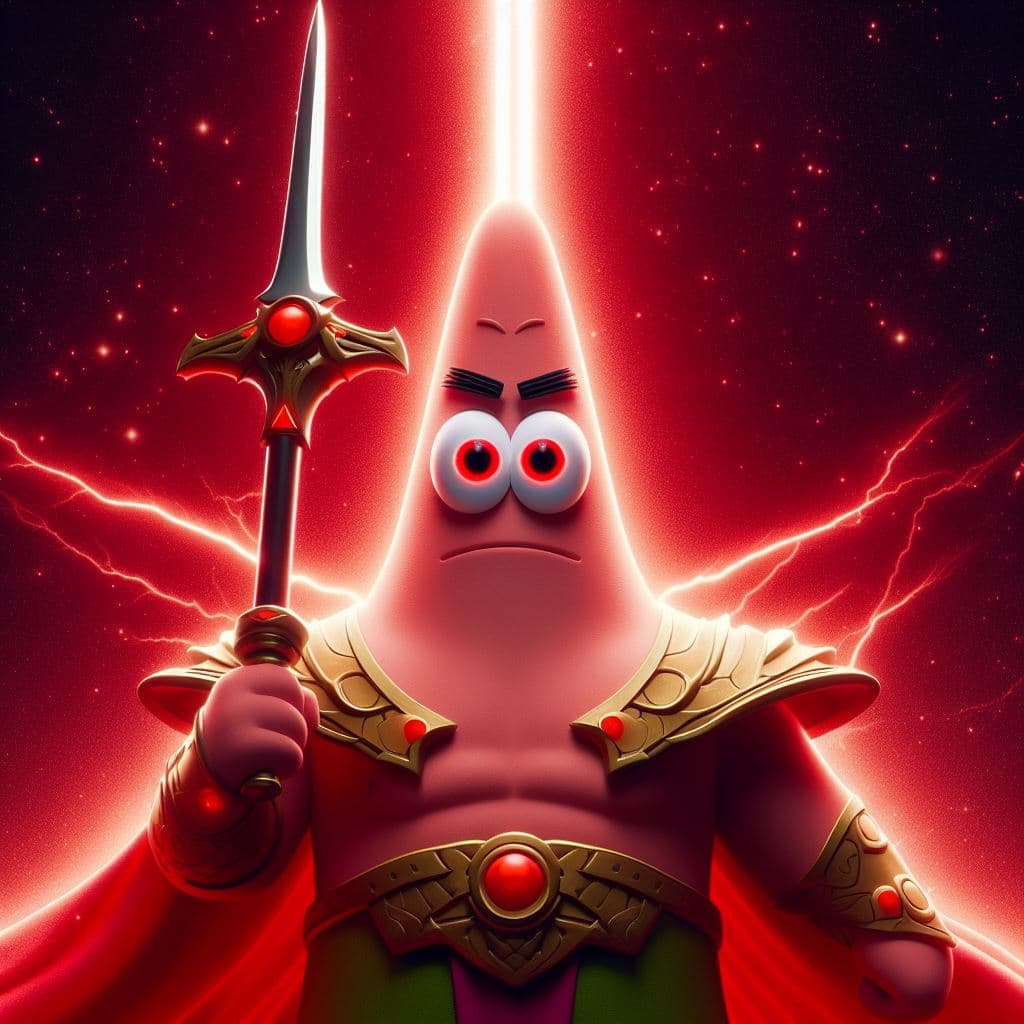 AI generated: Patricio Estrella is the mightiest god using his sword, red eyes, heroic pose, divine and celestial ...