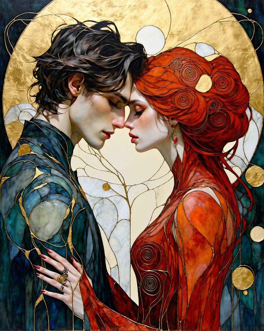 AI generated: oil painting depicting Klimt-inspired embracing couple, the woman has long flowing buffed red hair, ...