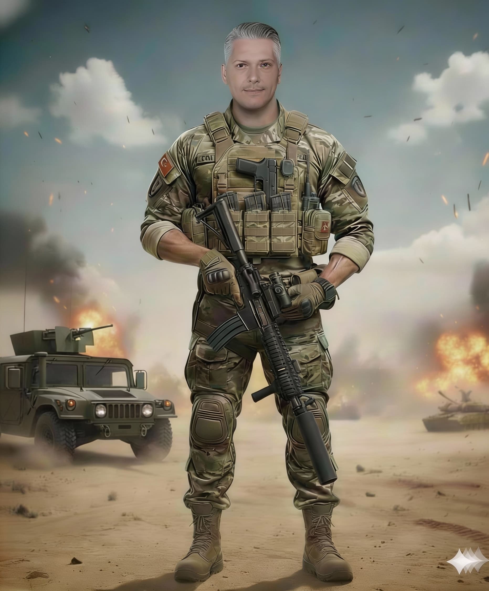 AI generated: Make the soldier in this picture taller. Increase the soldier's height by 20%.
