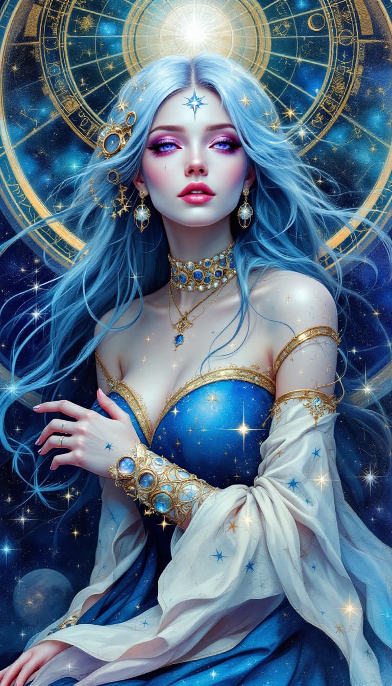 AI generated: "Sapphire Astrologer in a Celestial Dome": A mesmerizing abstract painting features an astrologer, s...