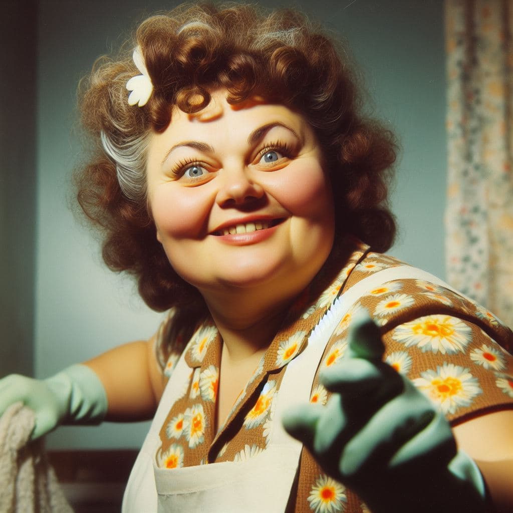AI generated: A stout European housewife, approximately 45 years old, cleaning her kitchen. She wears a flower-pat...