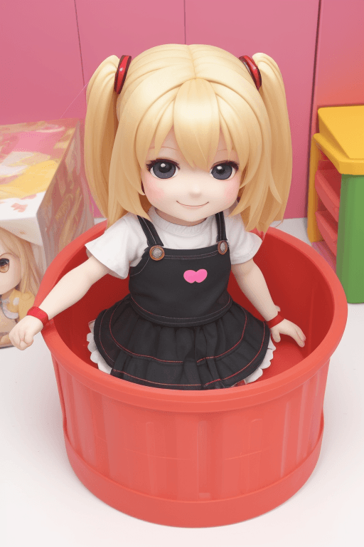 AI generated: Blond hair girl, (full-body), in a toy box, (chibi), (smile:1)