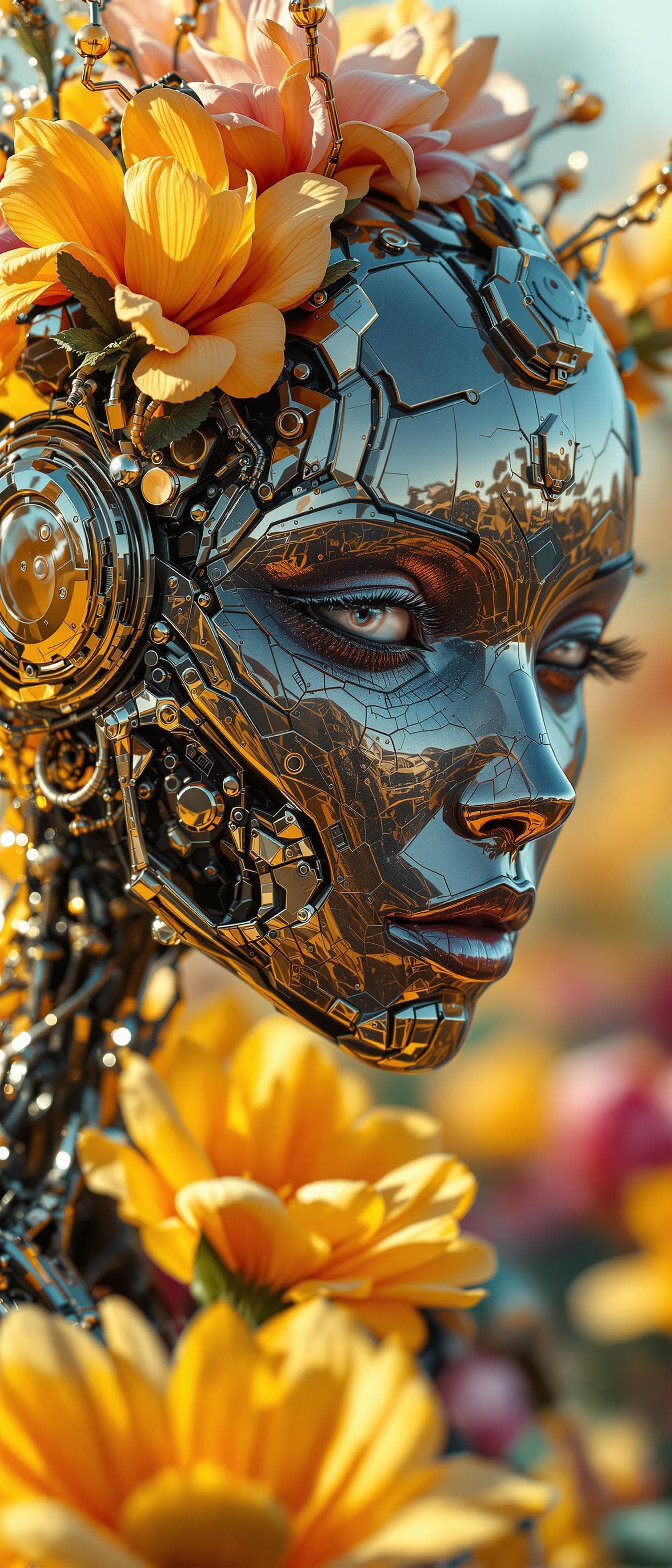 AI generated: complex 3d render ultra detailed of a beautiful metal Honeybee android face and body, seen standing ...