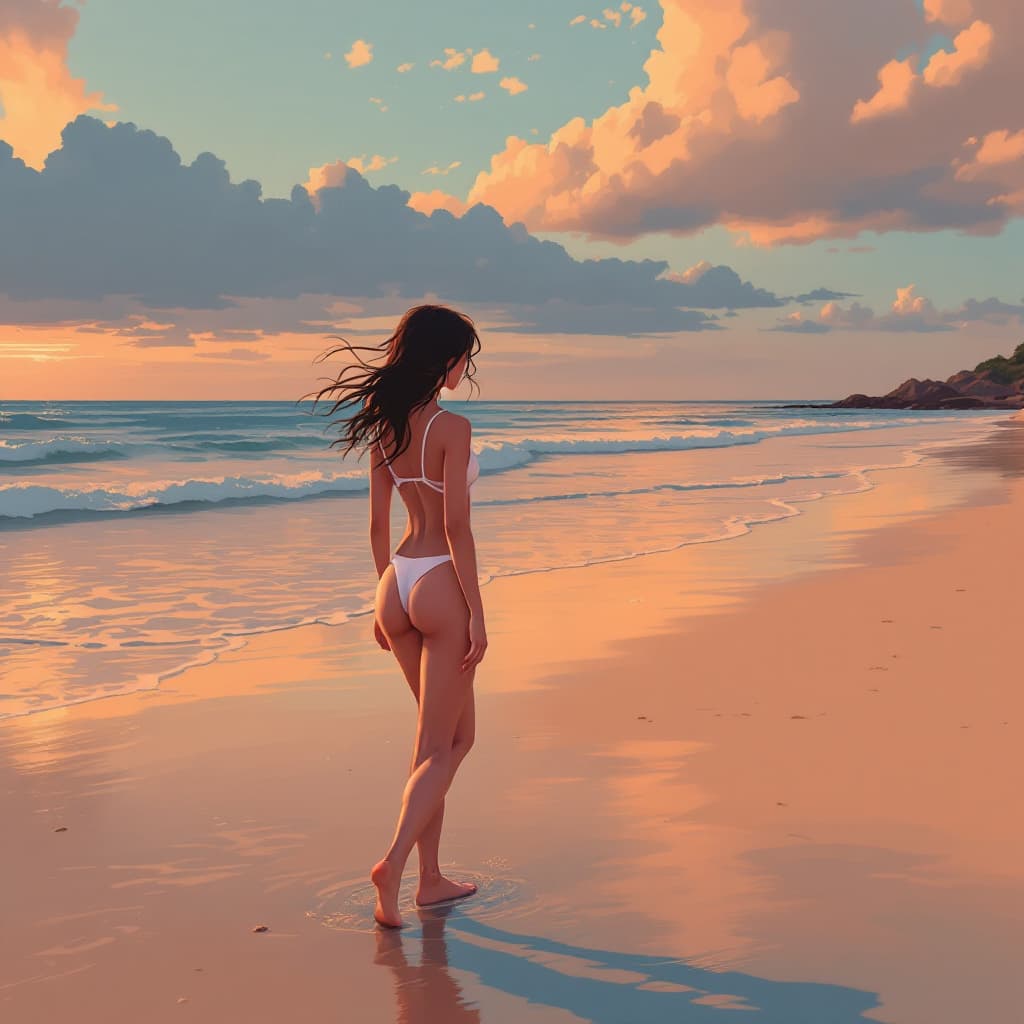 AI generated: Milo Manara  illustration vector, A  a Japanese  girl wear white  swimsuit strolling on beach , in d...