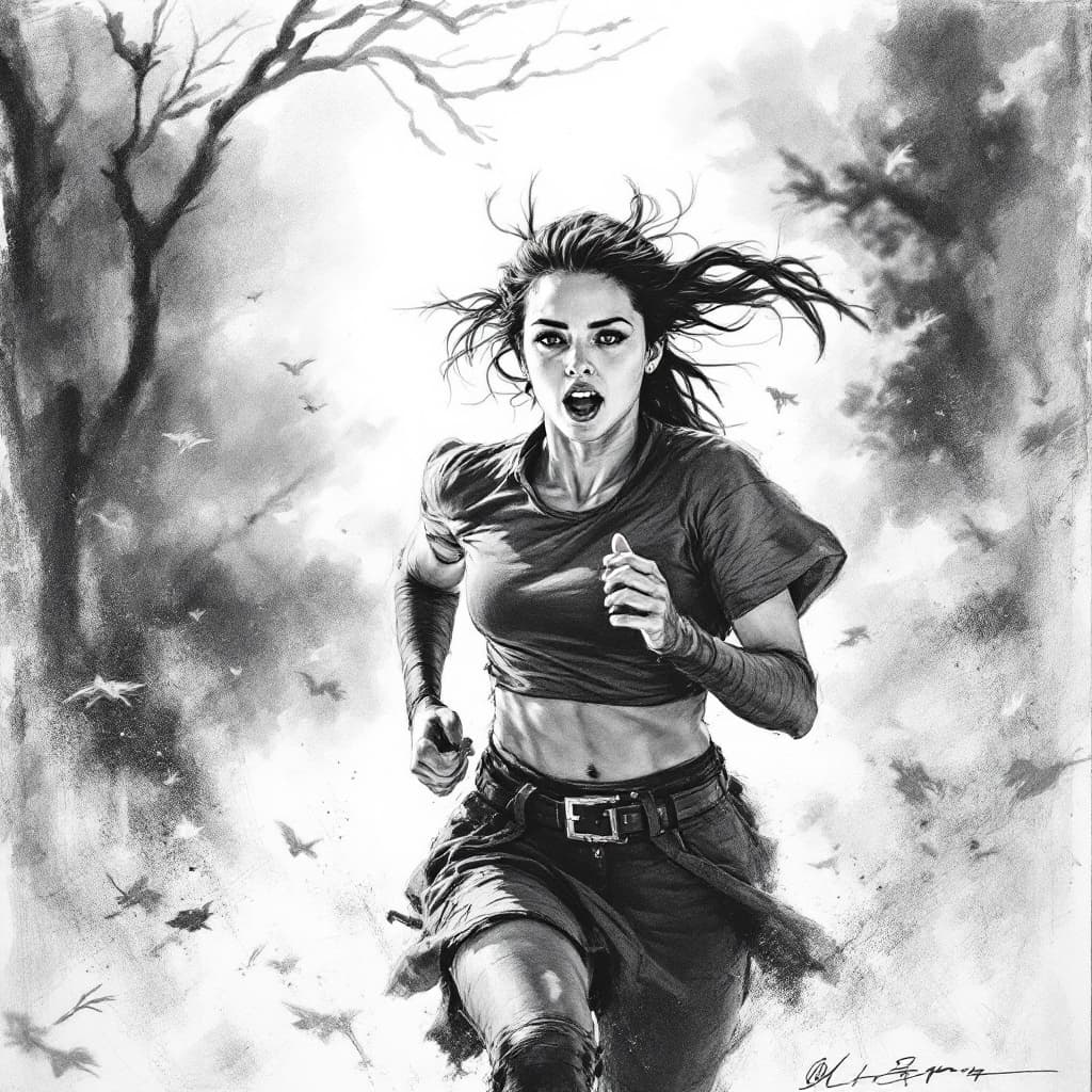 AI generated: Girl, charcoal sketch, running