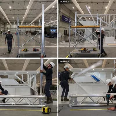 AI generated video: VIDEO 1 — IMAGE 1 → IMAGE 2
Empty Expo Floor → Structural Assembly

SCENE LOCK: static tripod, ident...