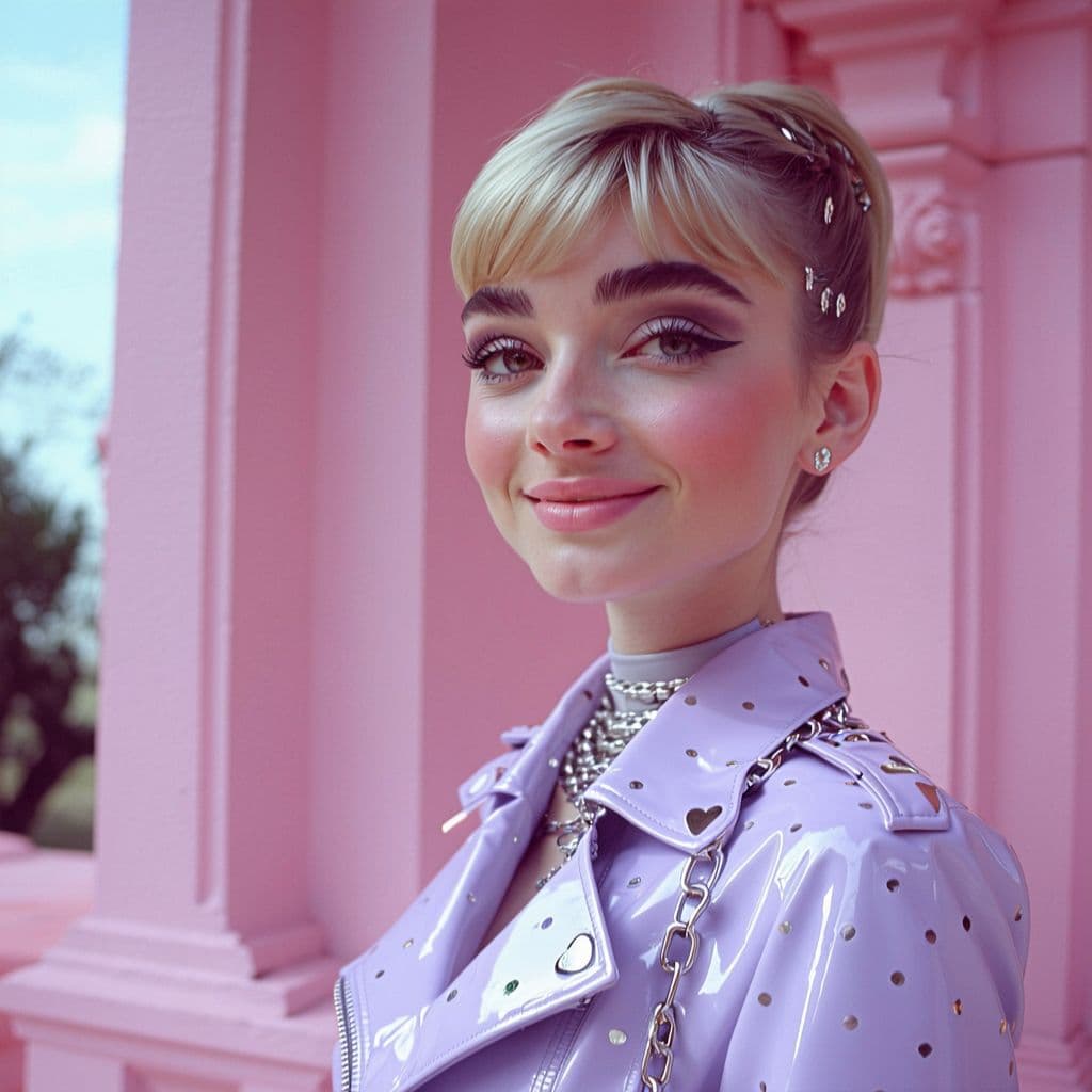 AI generated: Erotic young Audrey Hepburn in pastel-colored latex,Cut-out chain harness,polka dot outfit with hear...