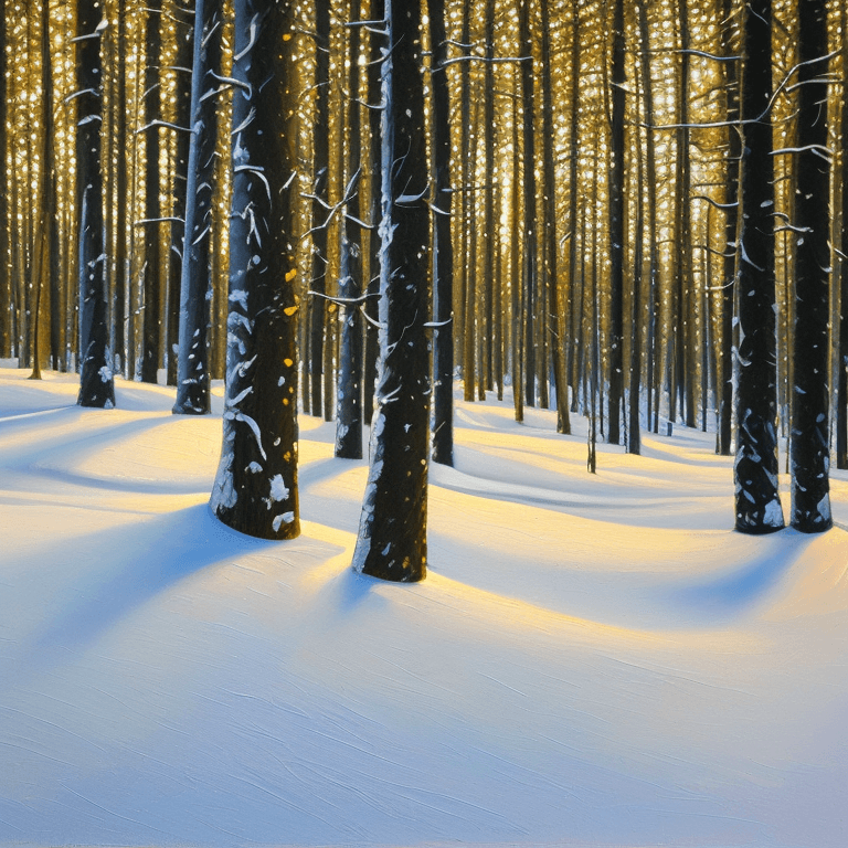 AI generated: an oil painting of some trees in the snow, shutterstock, american scene painting, spruce, pine and b...