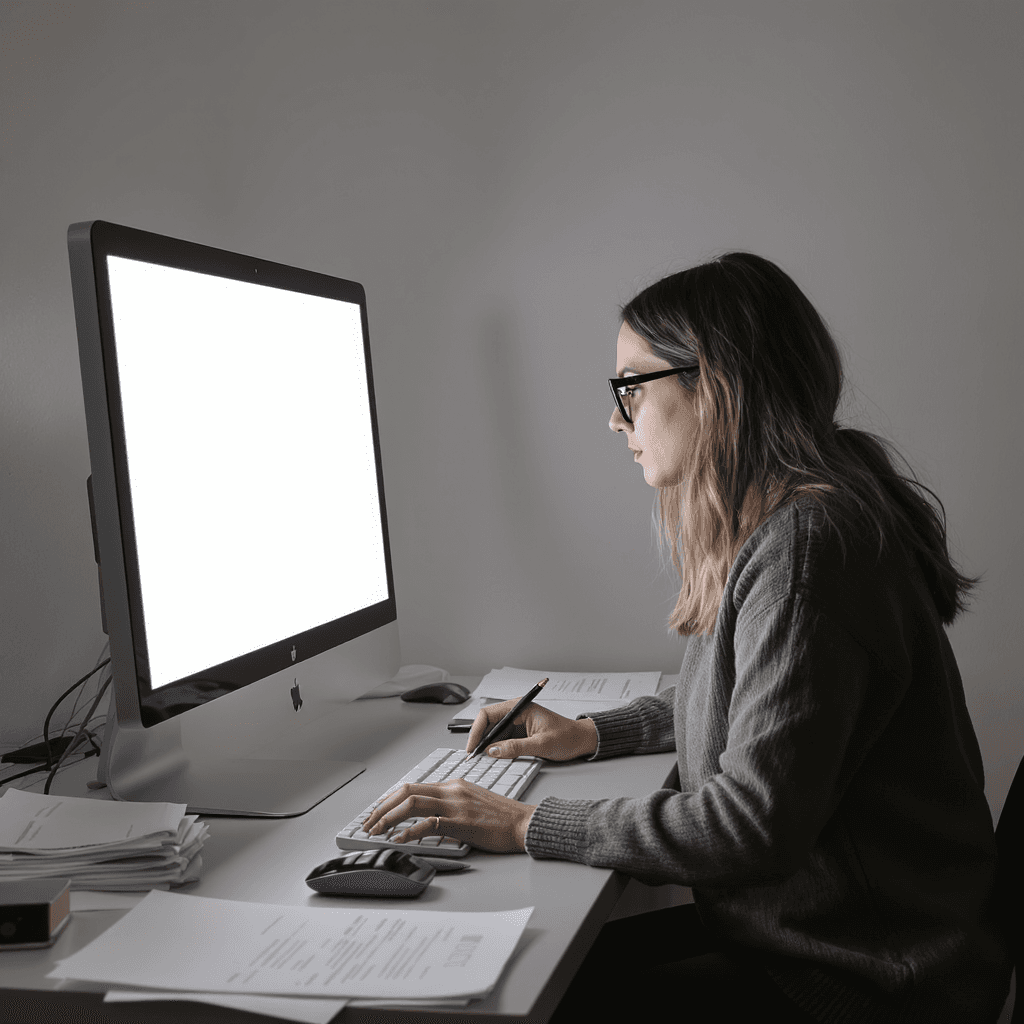 AI generated: Mujer de mediana edad morena con el pelo largo y con gafas se encuentra ante un ordenador sobre un e...