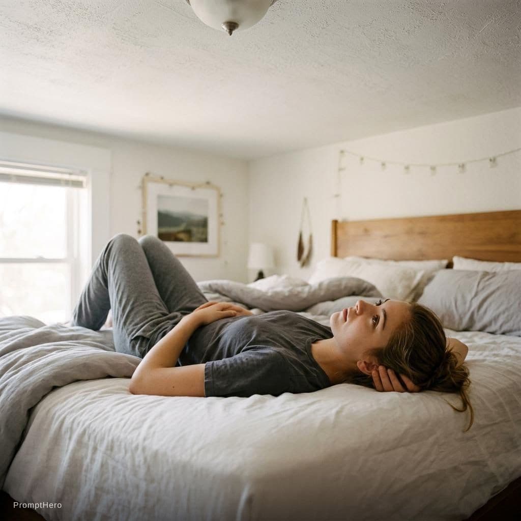 AI generated: girl on bed just thinking 
no books, no tv, no phone looking at ceiling