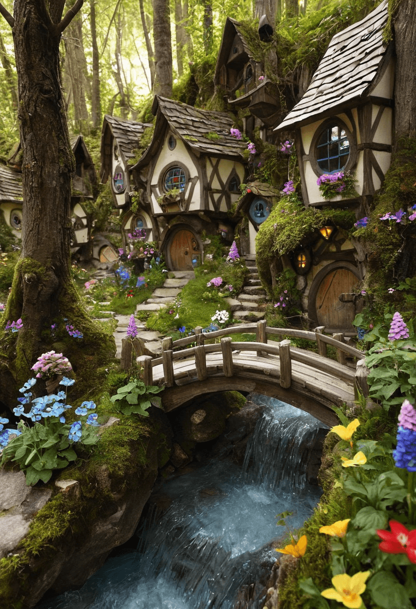 AI generated: A hidden gnome village nestled deep within a magical forest, with tiny bridges over crystal-clear st...