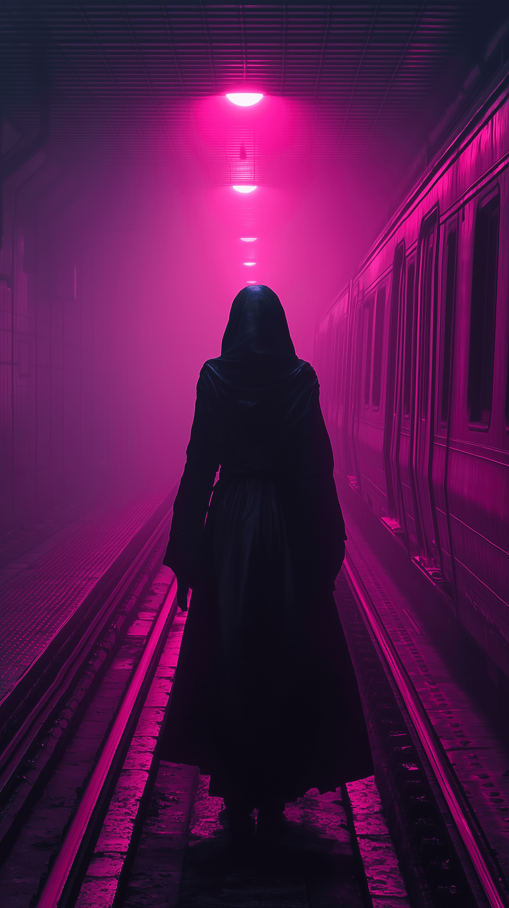 AI generated: cinematic, gender unknown figure standing alone, single spotted light, a subway railroad with a drea...