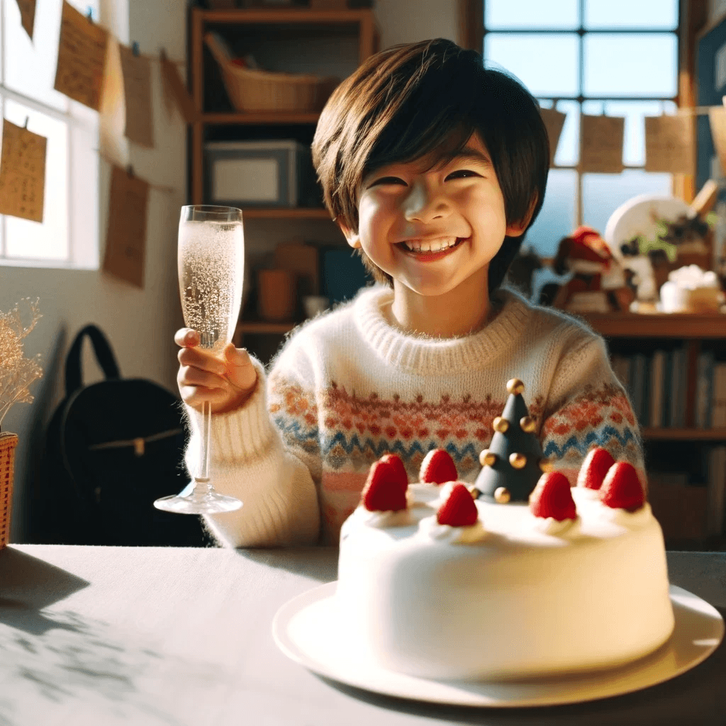 AI generated: A cheerful young Japanese boy around the age of 6 or 7, sitting at a table and smiling brightly. He ...