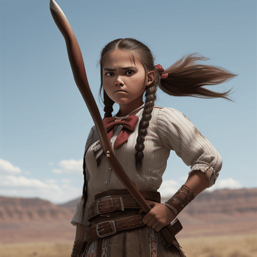 AI generated: american angry young native girl, with bow in her hand, tomahawk on her belt, 8k, wild west style, 