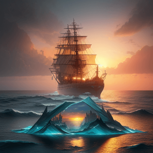 AI generated: [Double exposure art]: [A ((horizontal)) ((bottle floating on it's side))] and [(one ship at sea)]."...
