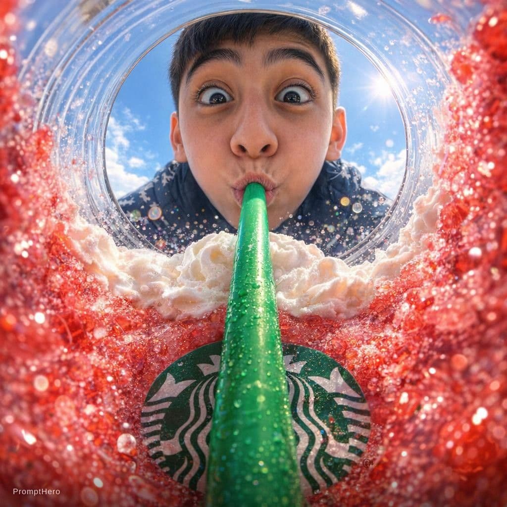 AI generated: {
  "prompt": "View from inside a Starbucks strawberry frappuccino cup looking up, fisheye lens extr...