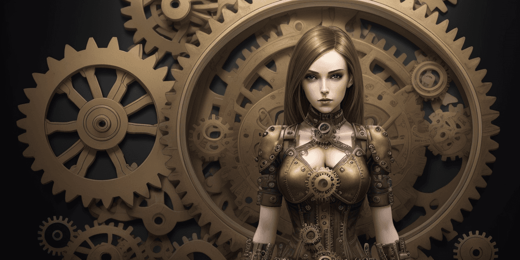 AI generated: female android consists of gears and mechanisms in steampunk style. the face, hands and body are a m...