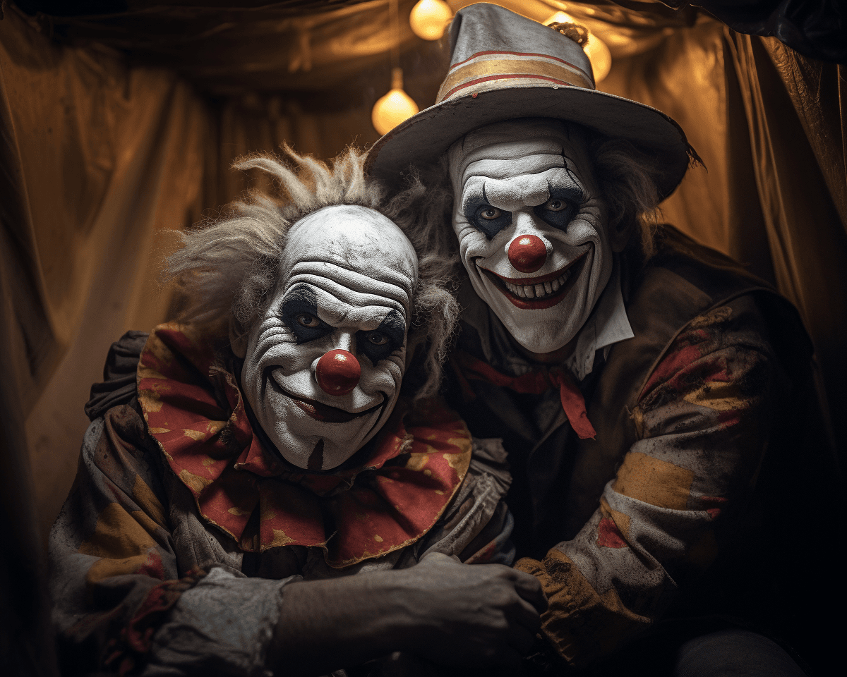 AI generated: Award winning photographyof two scary clowns, full body, inside of old circus, mystical atmosphere, ...